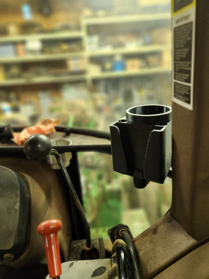 Flatster Cup Holder for service trucks, 3D-printed by Farm Sip Supreme, in the cab