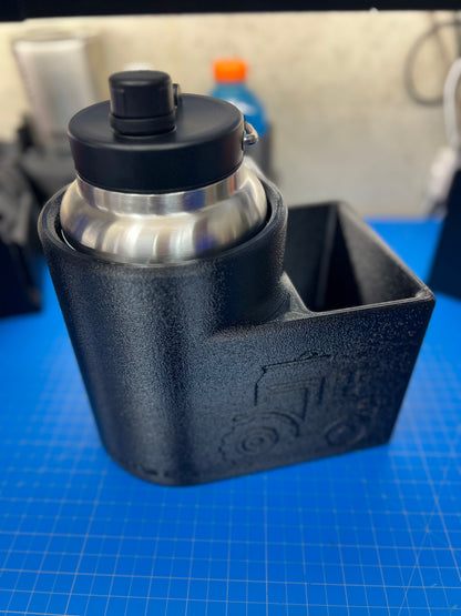 Inner Fender Mounted 5 and 3/8 Drink Holder with Bin for John Deere 5 Series, 3D-printed by Farm Sip Supreme