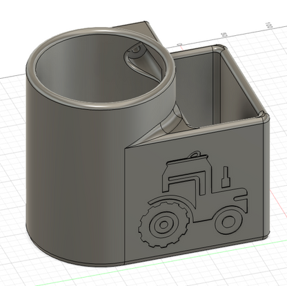 Inner Fender Mounted 5 and 3/8 Drink Holder with Bin for John Deere 5 Series, 3D-printed by Farm Sip Supreme, in the cab